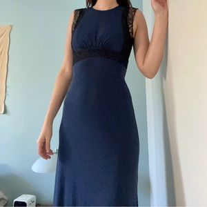 BCBGeneration Dark Navy Floor Length Gown with Black Lace Detail